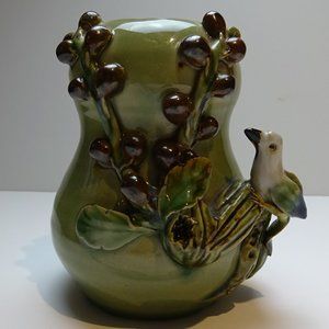 Art Pottery Vase Majolica 3D Bird & Berries on Vine Plant 6.5" tall